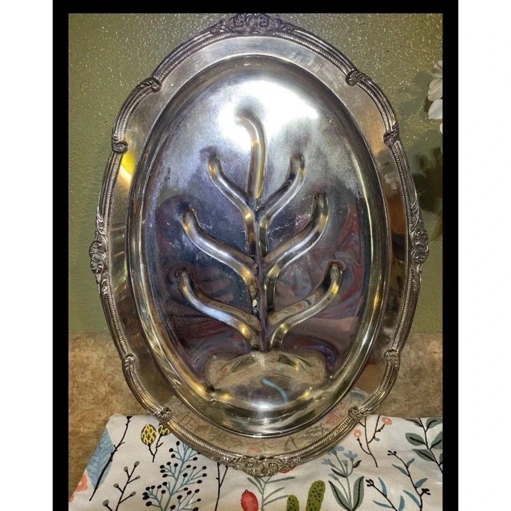 Vintage English Silver‎ Meat Platter Mfg Corp Silverplate Large 12x16x2 Footed